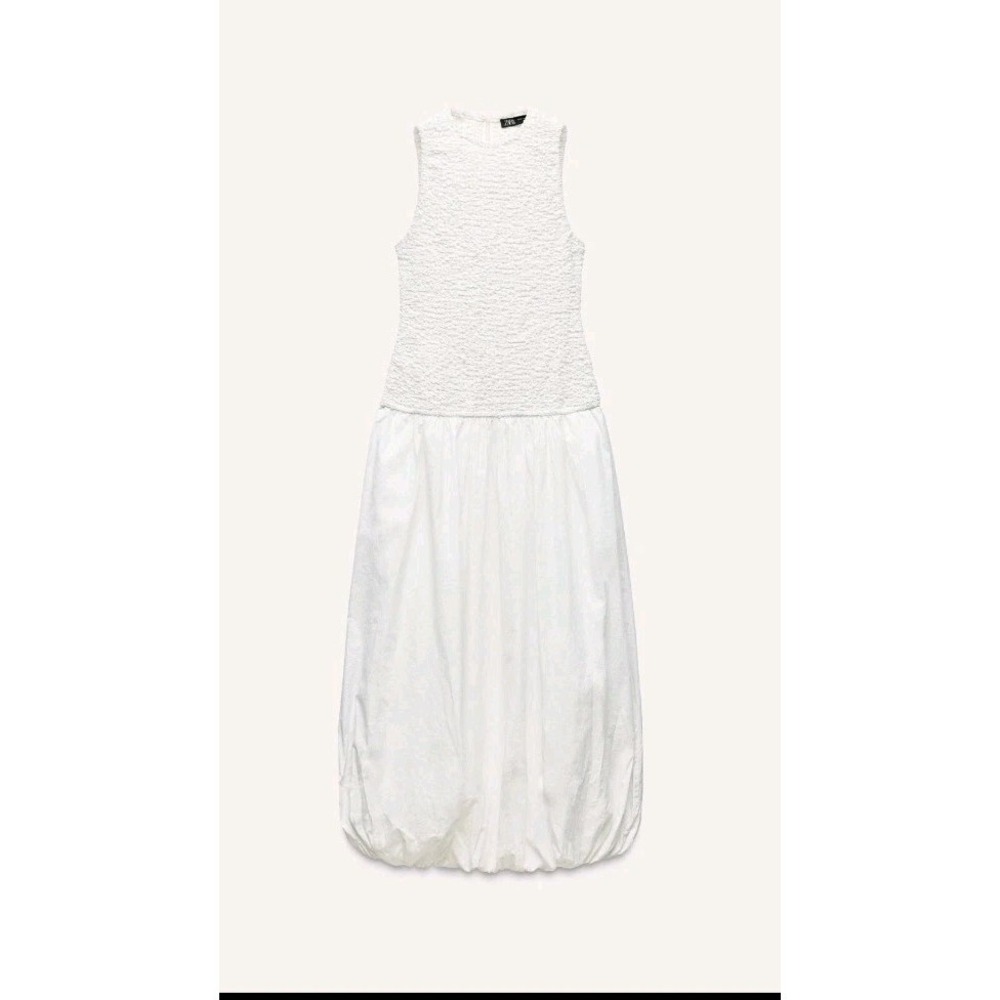 Zara Poplin Smocked Bodice Balloon Hem Dress White Size XS NWT